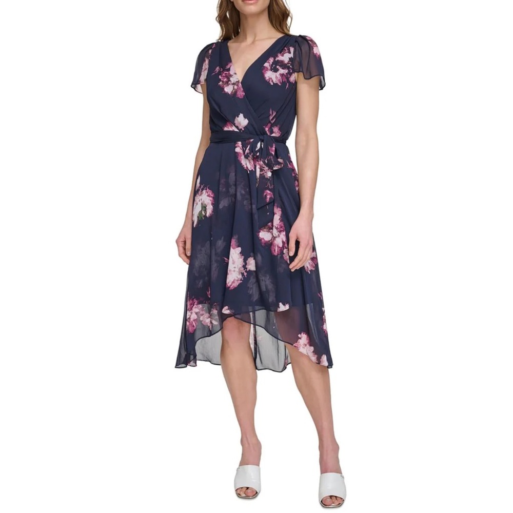 DKNY Floral Print Crepe Midi Dress